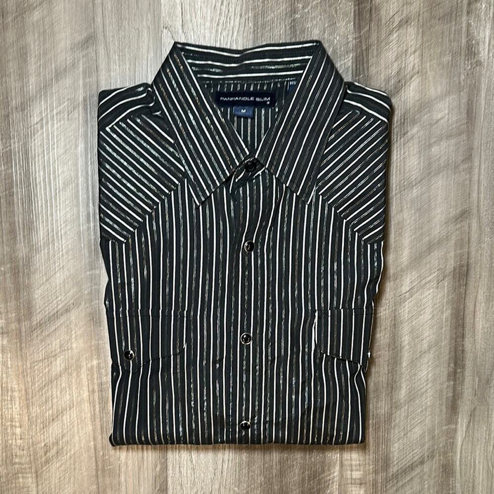 Panhandle Slim Western Metallic Striped Long Sleeve Pearl Snap - Medium